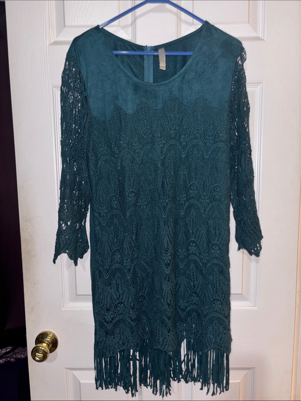 Monoreno Teal Lace Fringe Long Sleeve Dress